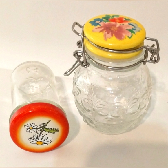 Two Ball Jars - Smooth & Quilted Glass, Metal Floral Lids - Picture 1 of 9